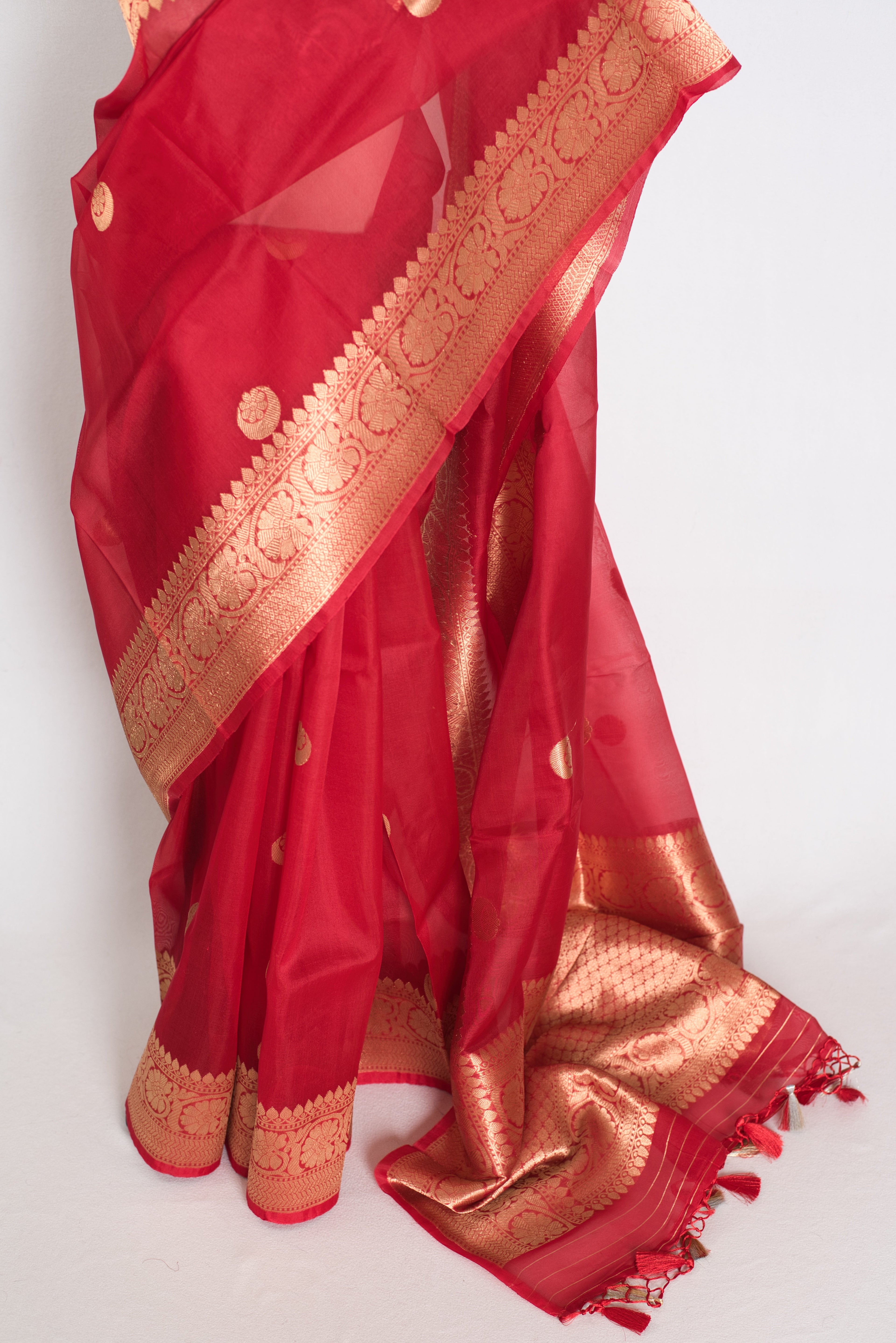 Ishq : Red and Gold Kora Organza Banarasi Saree with Stitched Blouse (Size 36)