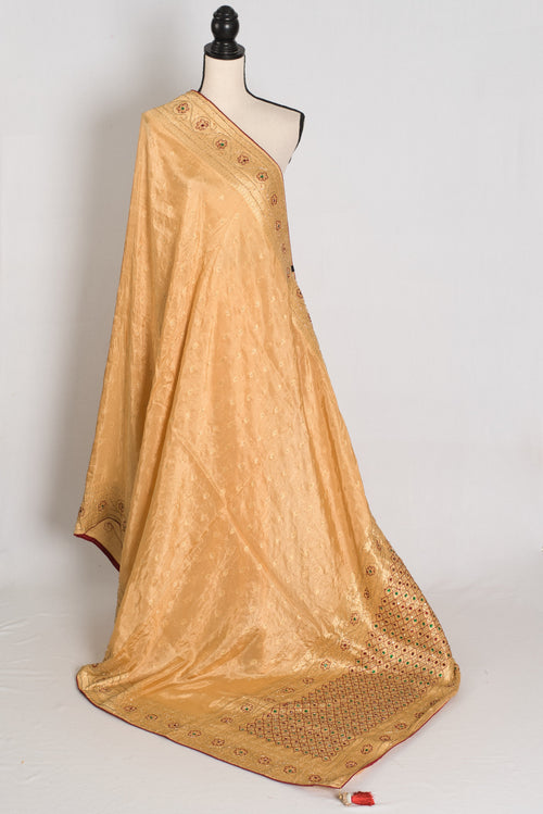 Benu : Beige and Gold Dola Silk Banarasi Saree with Hand-Embroidered Work