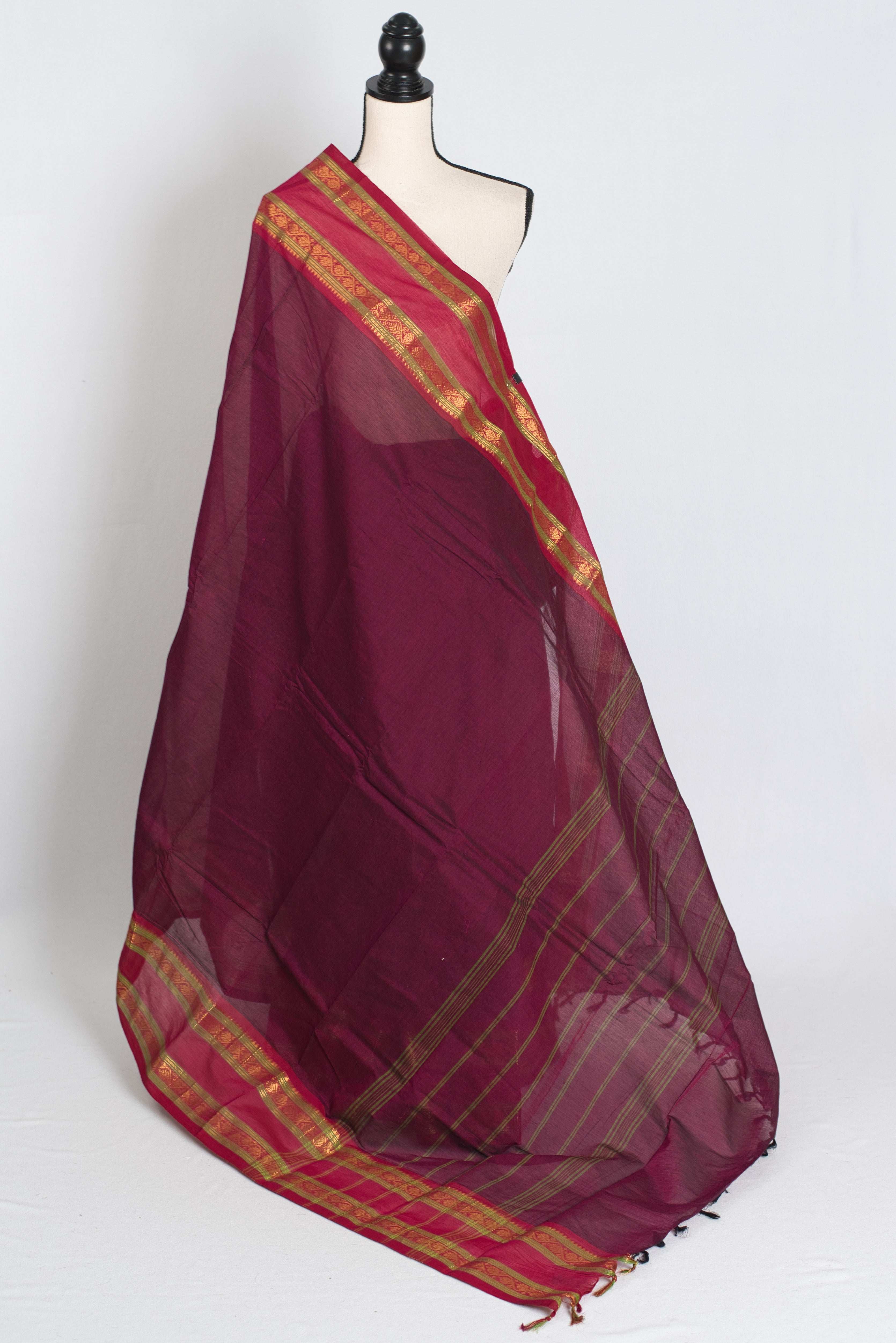 Kalyani : Handwoven Kanchi Cotton Saree in Maroonish Purple