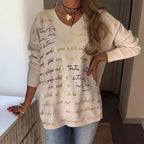 Solid-color Printed Letter Long-sleeve Top For Women