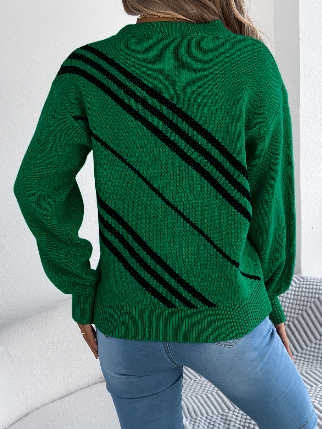 Women Casual Striped Round Neck Lantern Sleeve Long Sleeve Pullover Sweater