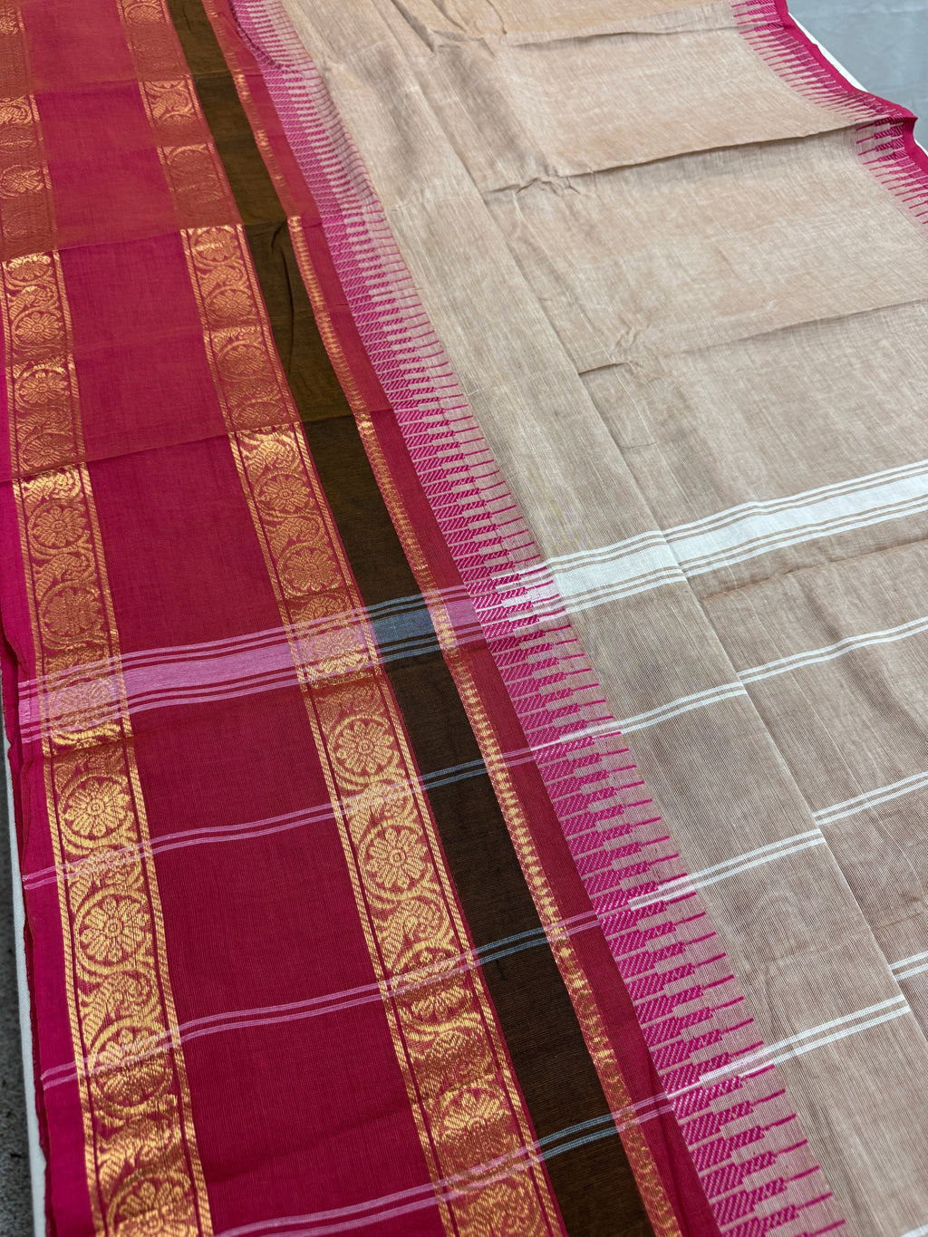 Avvai : Light Brown Kanchi Cotton Saree - Handwoven South Indian Elegance