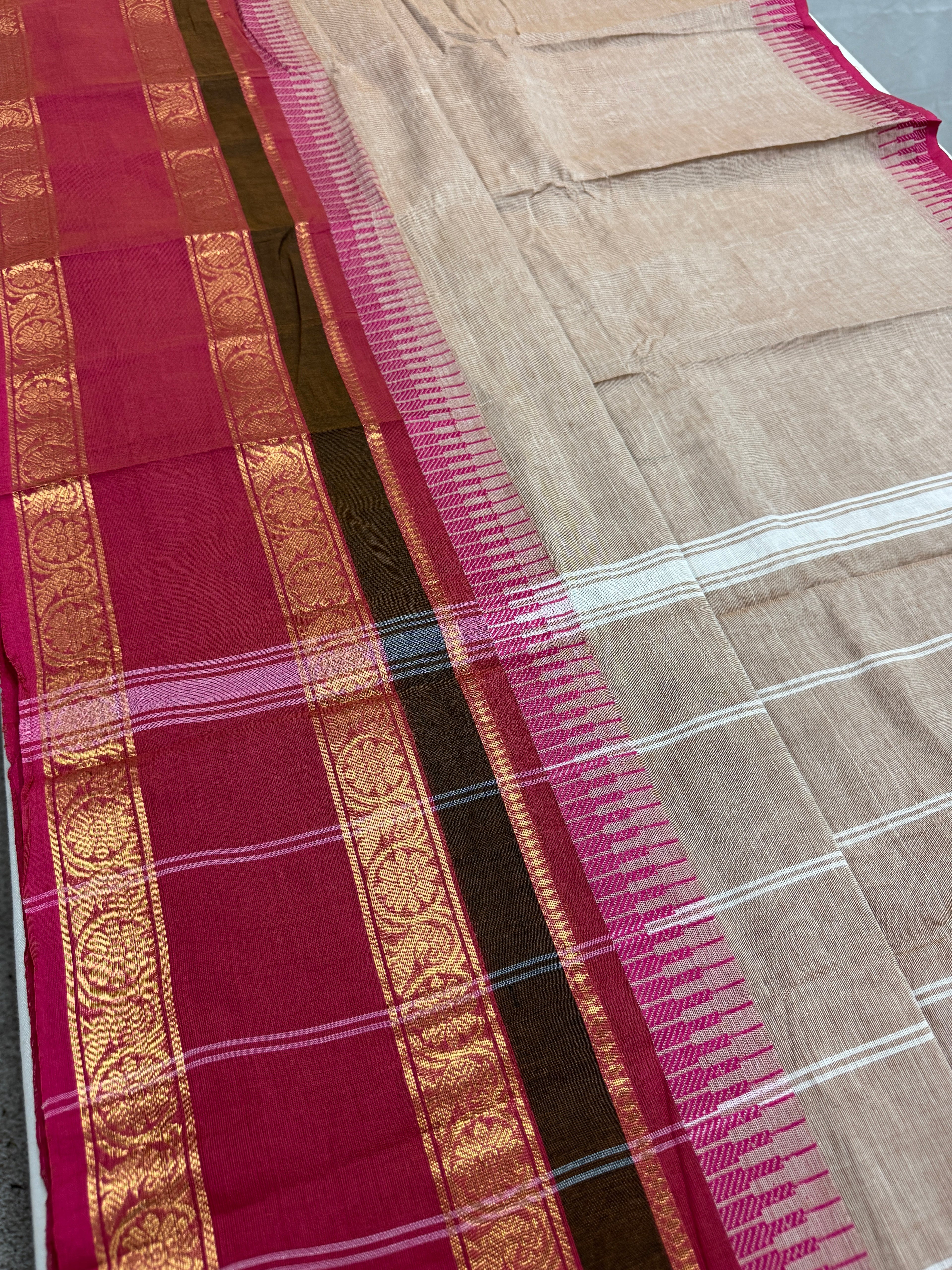 Avvai : Light Brown Kanchi Cotton Saree - Handwoven South Indian Elegance