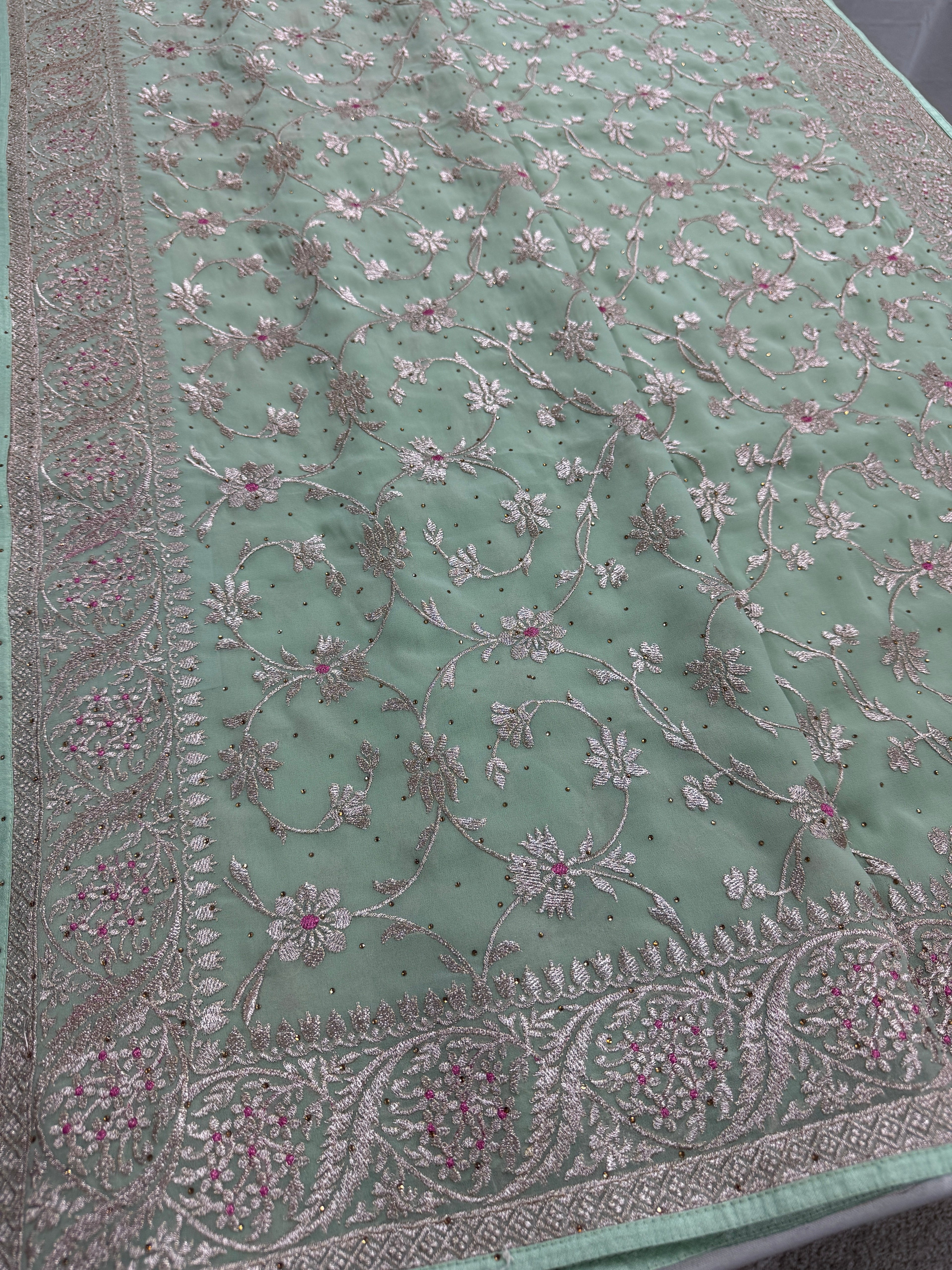 Pooja | Sea Green Georgette Partywear Saree | Elegant Machine Floral Embroidery