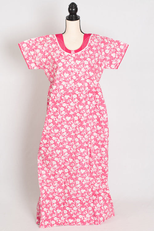 Floral Printed Pink Women Indian Cotton Nighty in Regular Size — Style A (Nov)