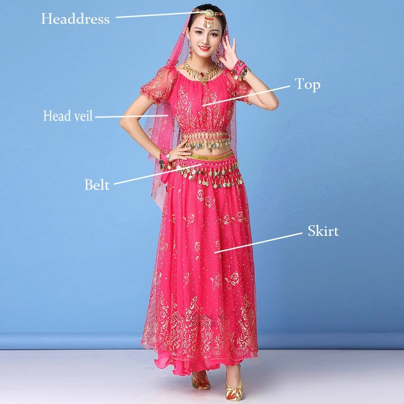 Bollywood Dress Costume Women Indian Dance Set Belly Dance Sari Clothing Belly Dance Performance Clothes Chiffon Dance Set New