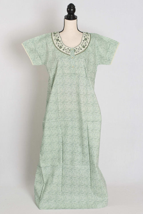 Embroidery Printed Green Women Indian Cotton Nighty in Regular Size