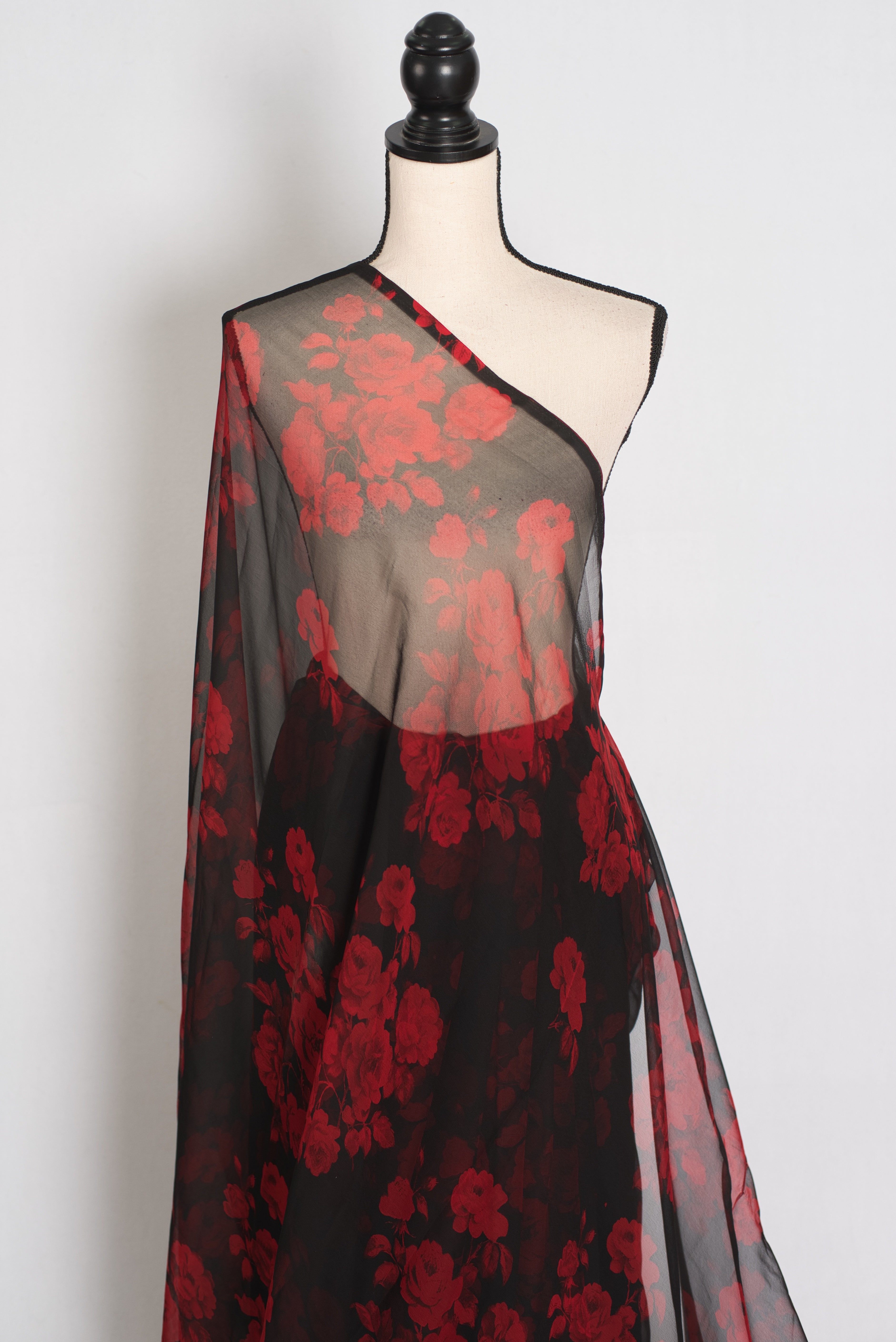 Mita : Black and Red Rose Printed Chiffon Saree - Budget Clearance Edition