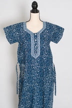 Indigo Blue Kalamkari Floral Print Pure Cotton Indian Nightgown