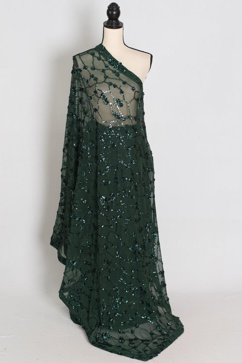 Gia | Bottle Green Soft Net Sequin Saree | Glamorous Evening Cocktail Partywear