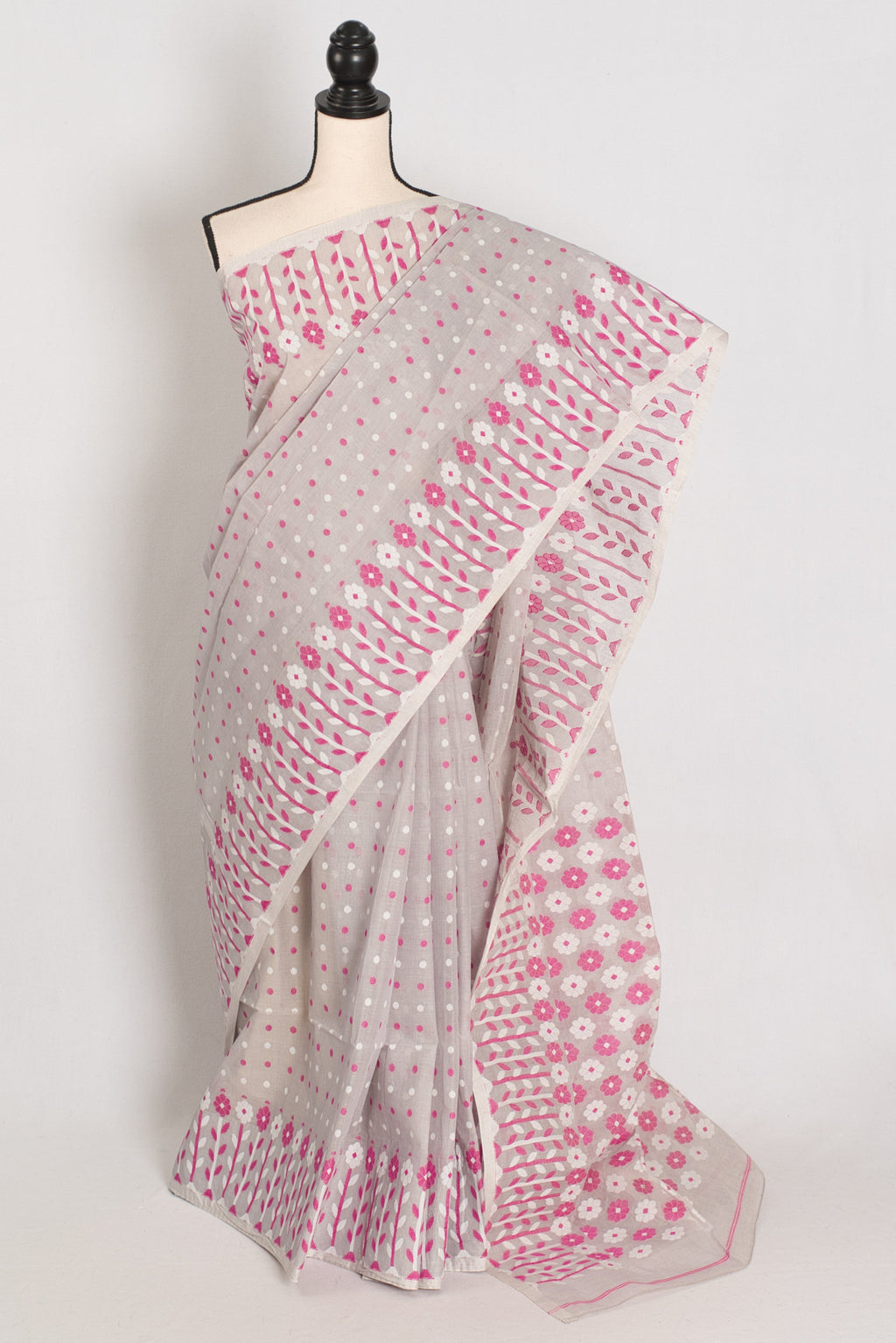 Geeta: Gray, Pink and White Pure Cotton Jamdani Saree with Blouse