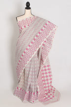 Geeta: Gray, Pink and White Pure Cotton Jamdani Saree with Blouse