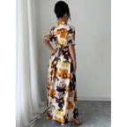 Womens Blouse-collar Puff-sleeve Cross-tie Waist Printed Dress