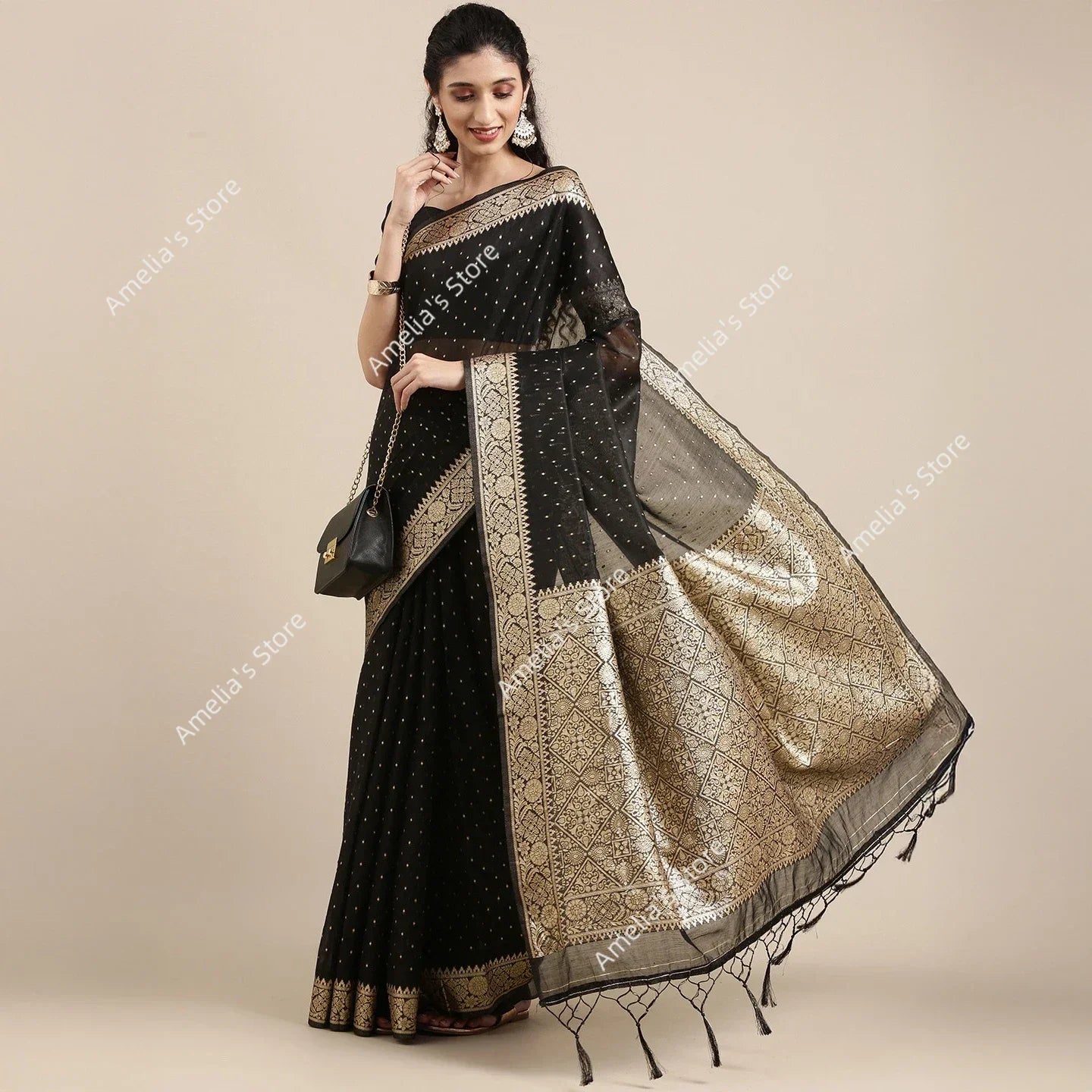Indian Saree Dress for Women Ethnic Party Costume Traditional Sari Wedding Reception/Bharatanatyam Dance Performance No Tops