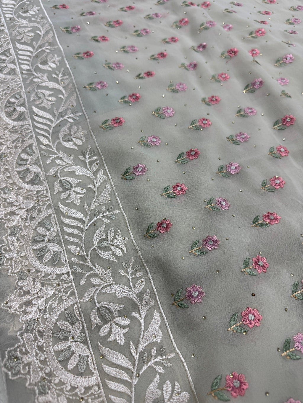 Siya | Light Sage Green Georgette Partywear Saree | Pastel Floral Embroidery