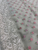 Siya | Light Sage Green Georgette Partywear Saree | Pastel Floral Embroidery