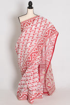 Rai : White and Red Blended Cotton Jamdani Saree, Bengali Durga Puja Look