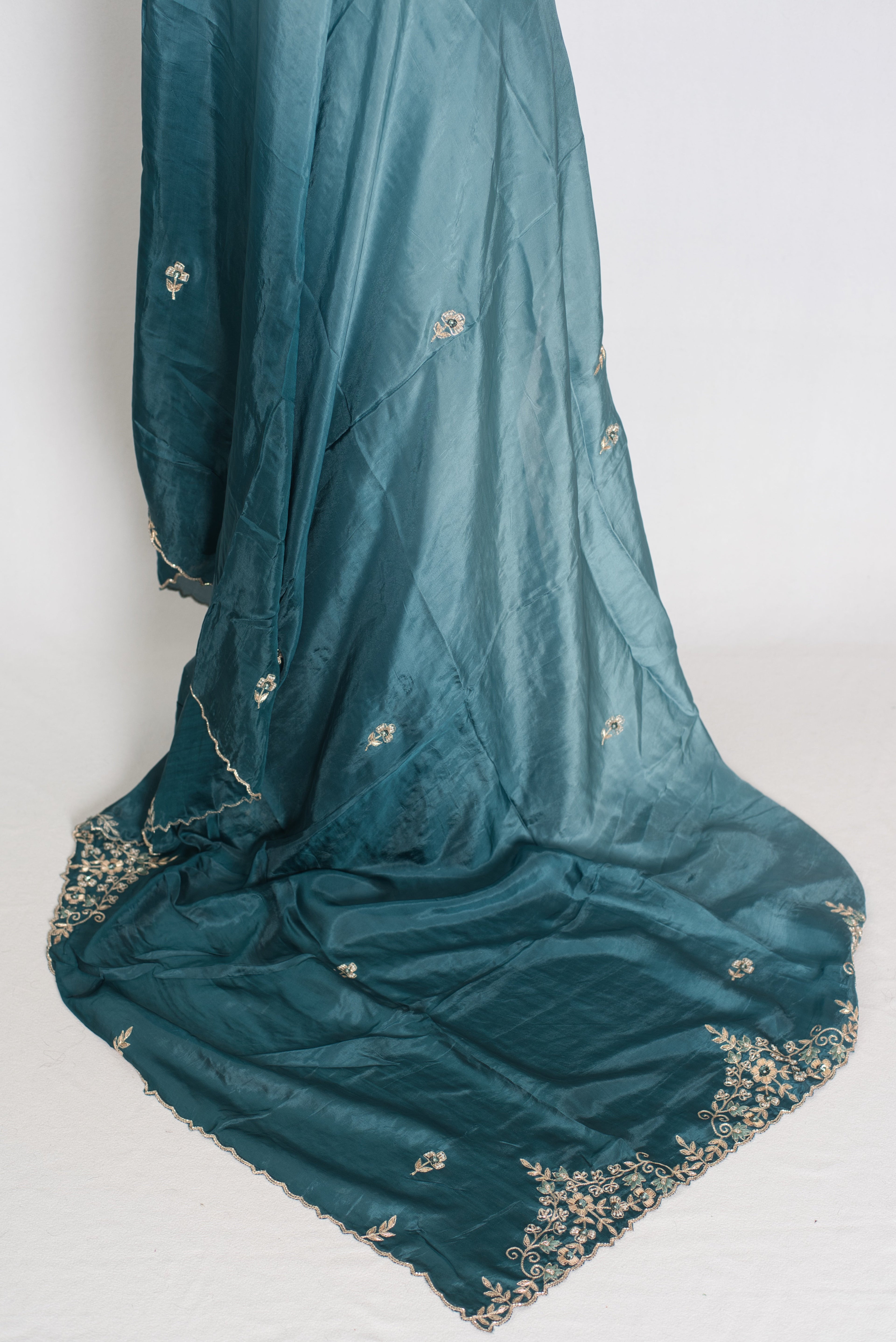 Nadia | Teal Green Shaded Soft Organza Saree | Zardosi Hand Embroidery