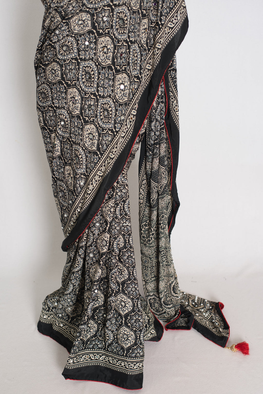 Ishq : Trending Black and Gray Semi Modal Silk Ajrakh Saree