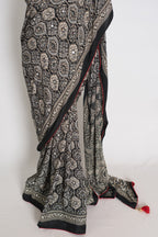 Ishq : Trending Black and Gray Semi Modal Silk Ajrakh Saree