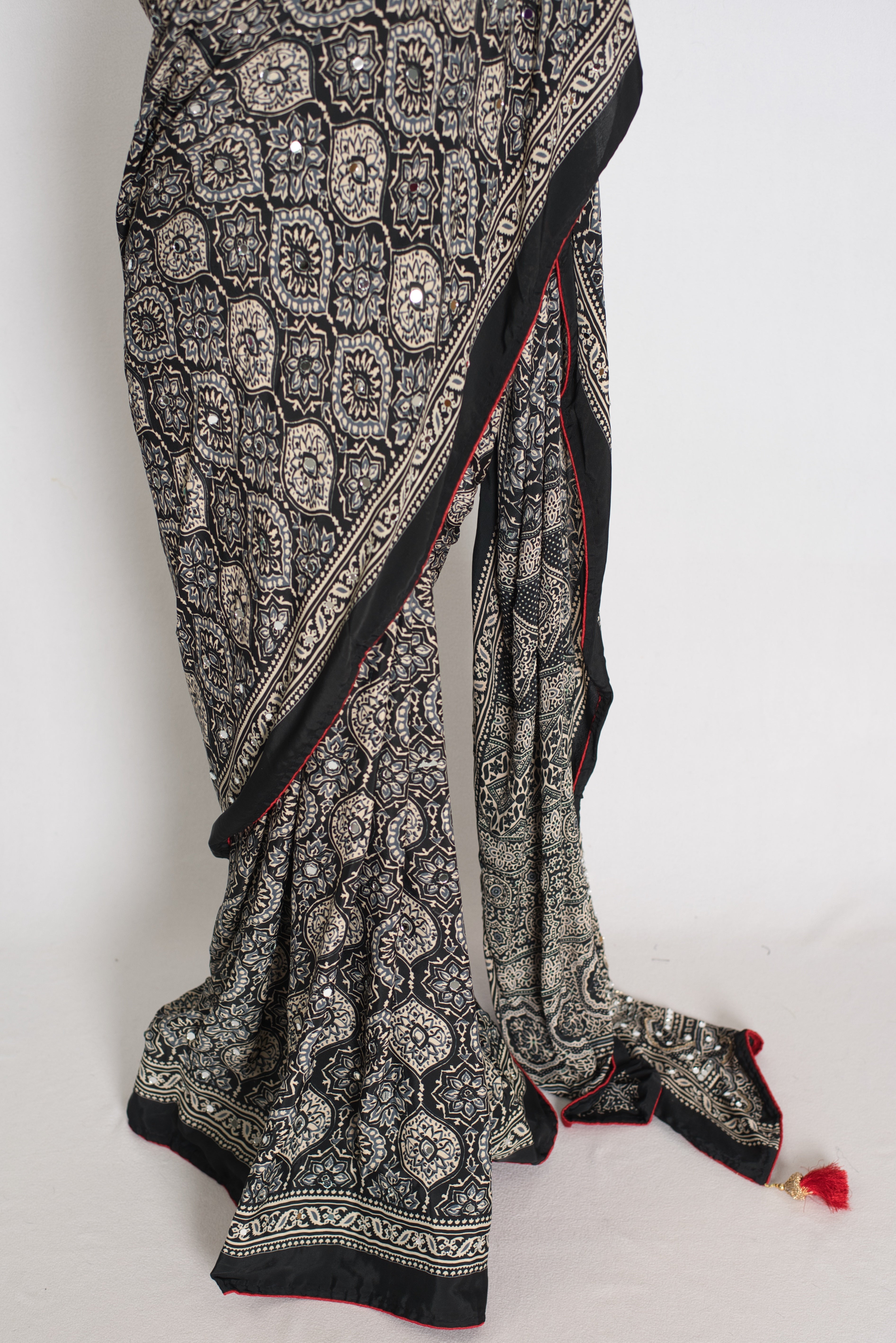 Ishq : Trending Black and Gray Semi Modal Silk Ajrakh Saree