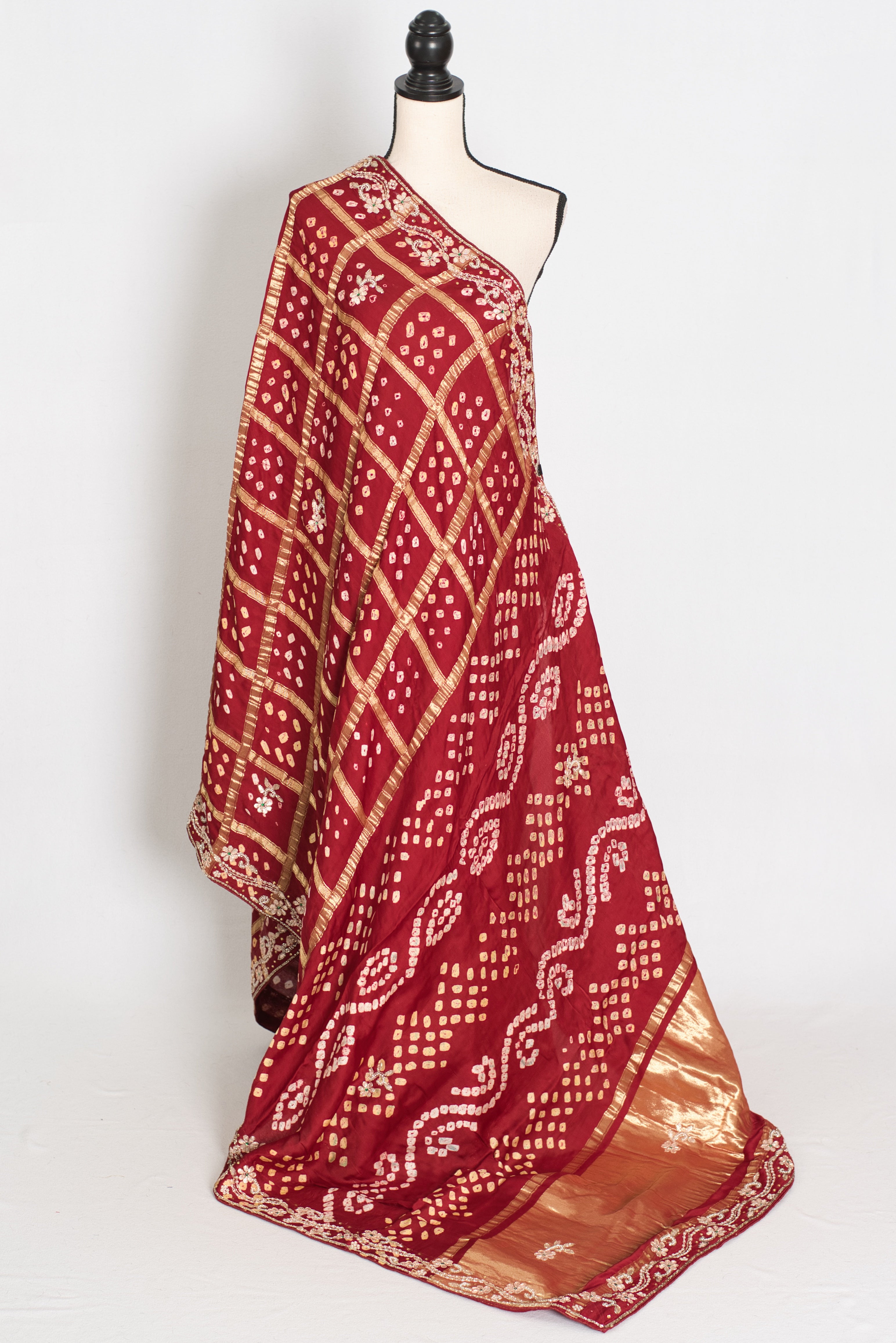 Roshni | Maroon Gharchola Gajji Silk Saree | Zardosi Gota Patti Hand Embroidery