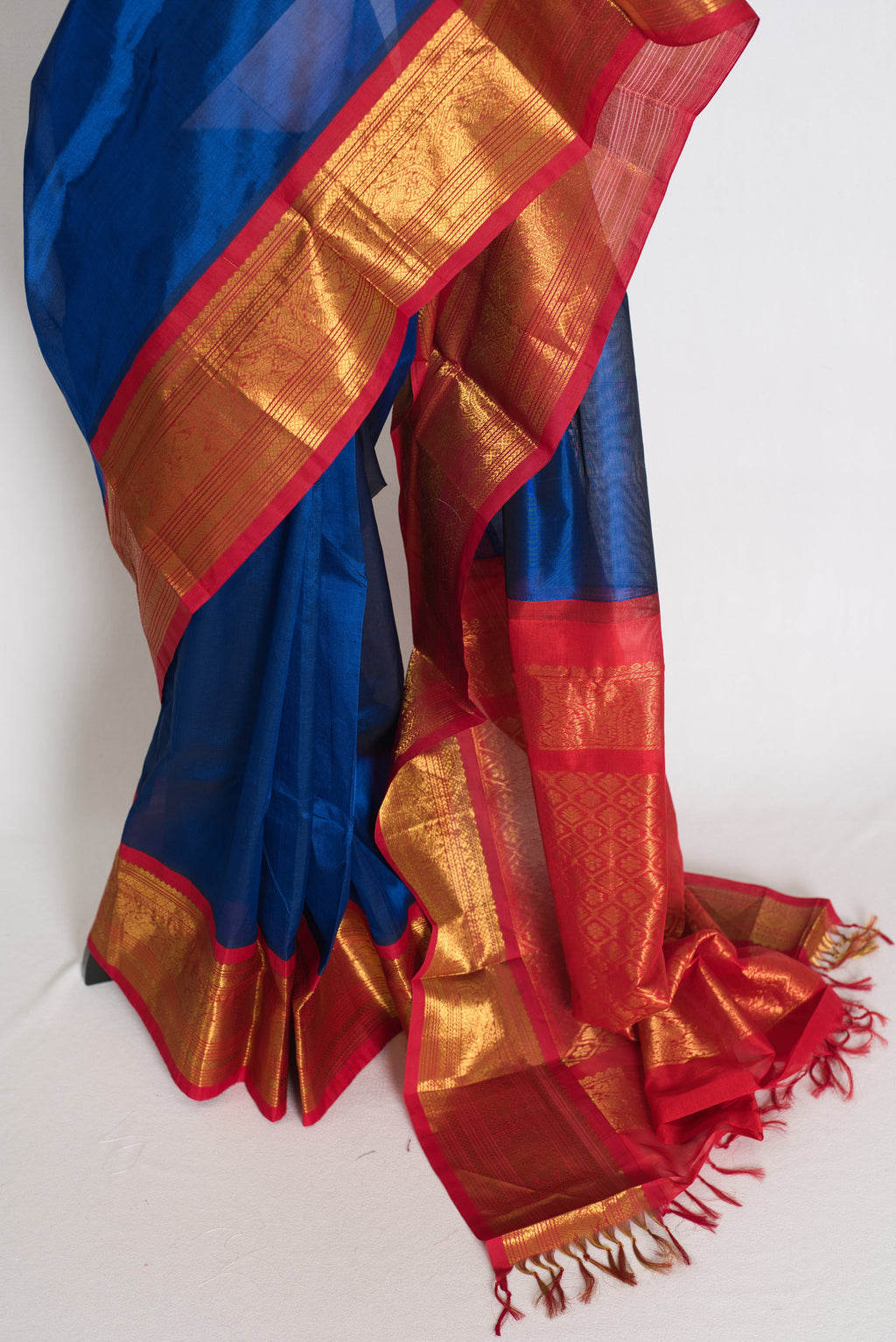 Mala : Royal Blue and Red Cotton Silk Kanjivaram Saree with 38 Size Blouse