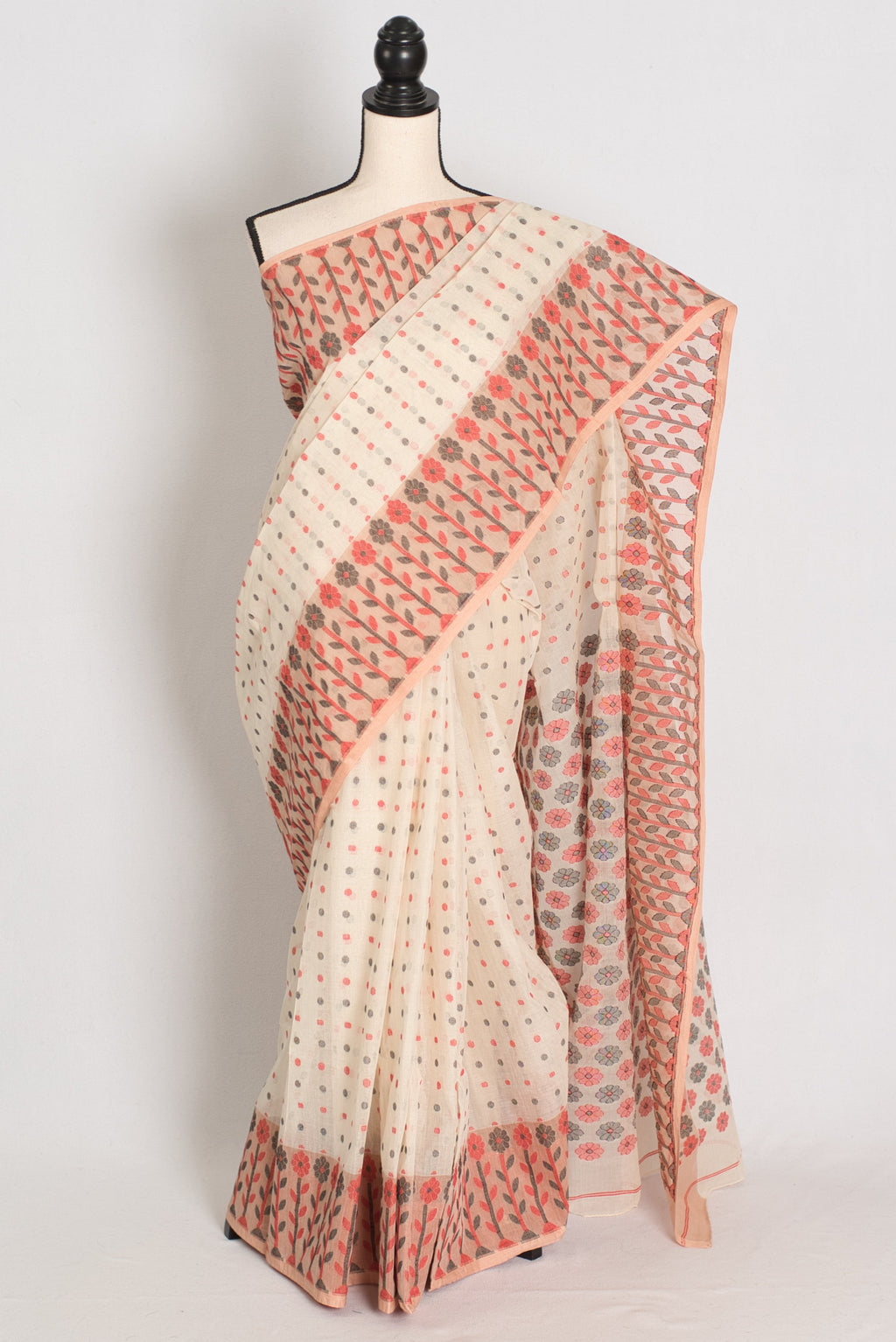 Jaya: Cream & Peach 100% Pure Cotton Jamdani Saree