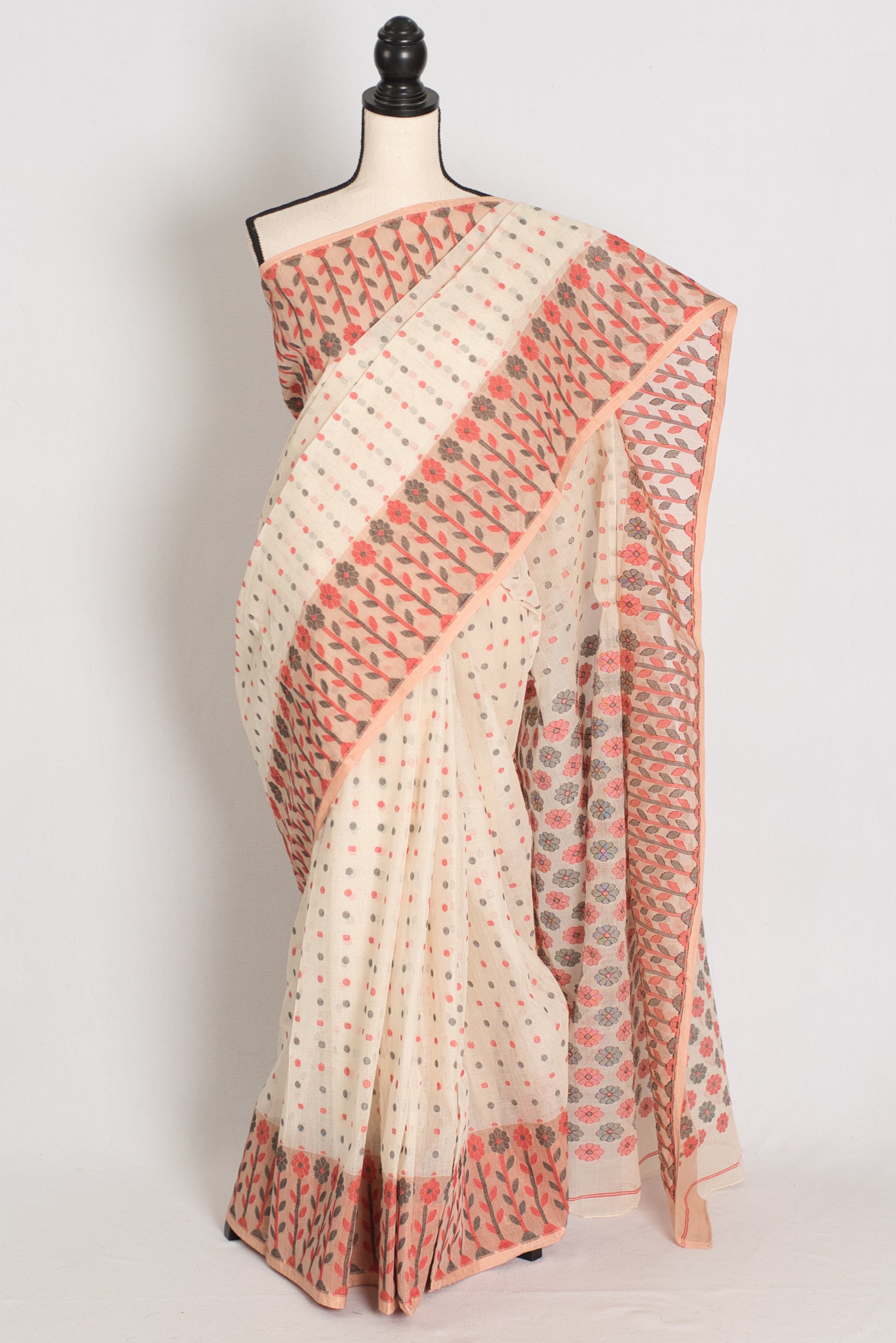 Jaya: Cream & Peach 100% Pure Cotton Jamdani Saree