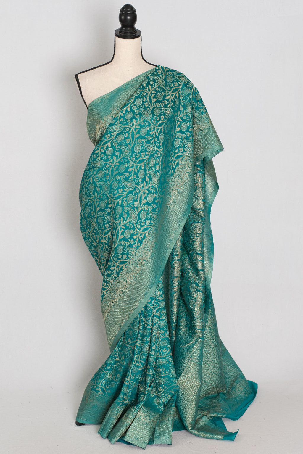 Rini | Rama Green Semi Georgette Banarasi Saree | Pre-Stitched Size 36 Blouse