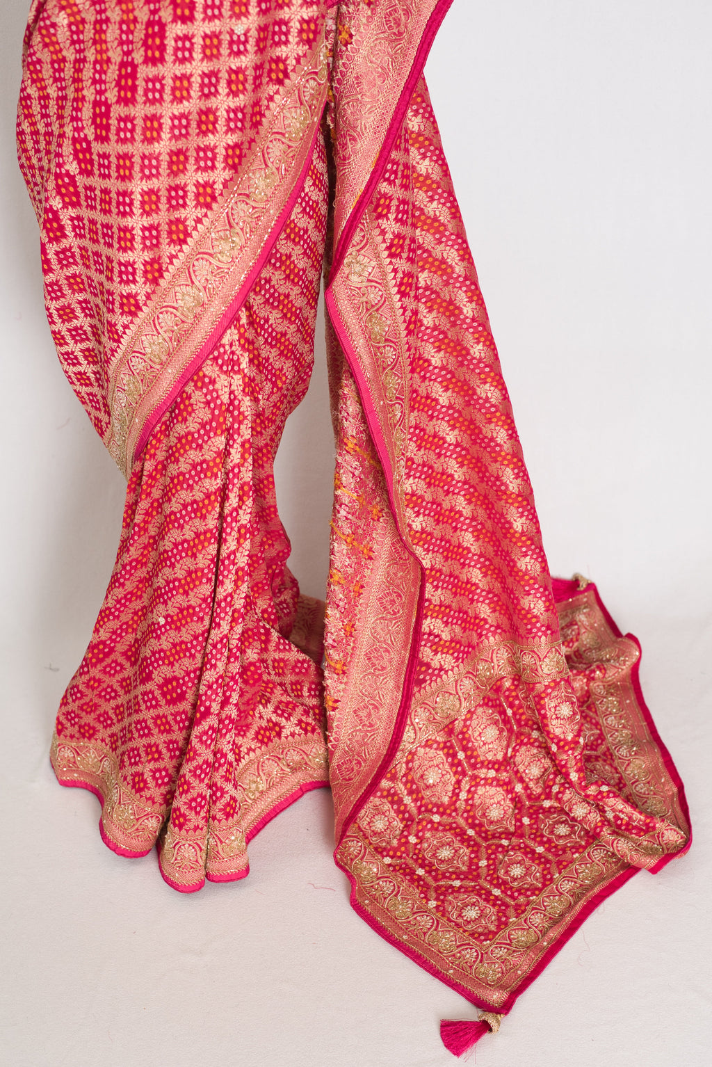 Afrin | Rani Pink Semi Georgette Saree | Pre-Stitched Size 38 Blouse