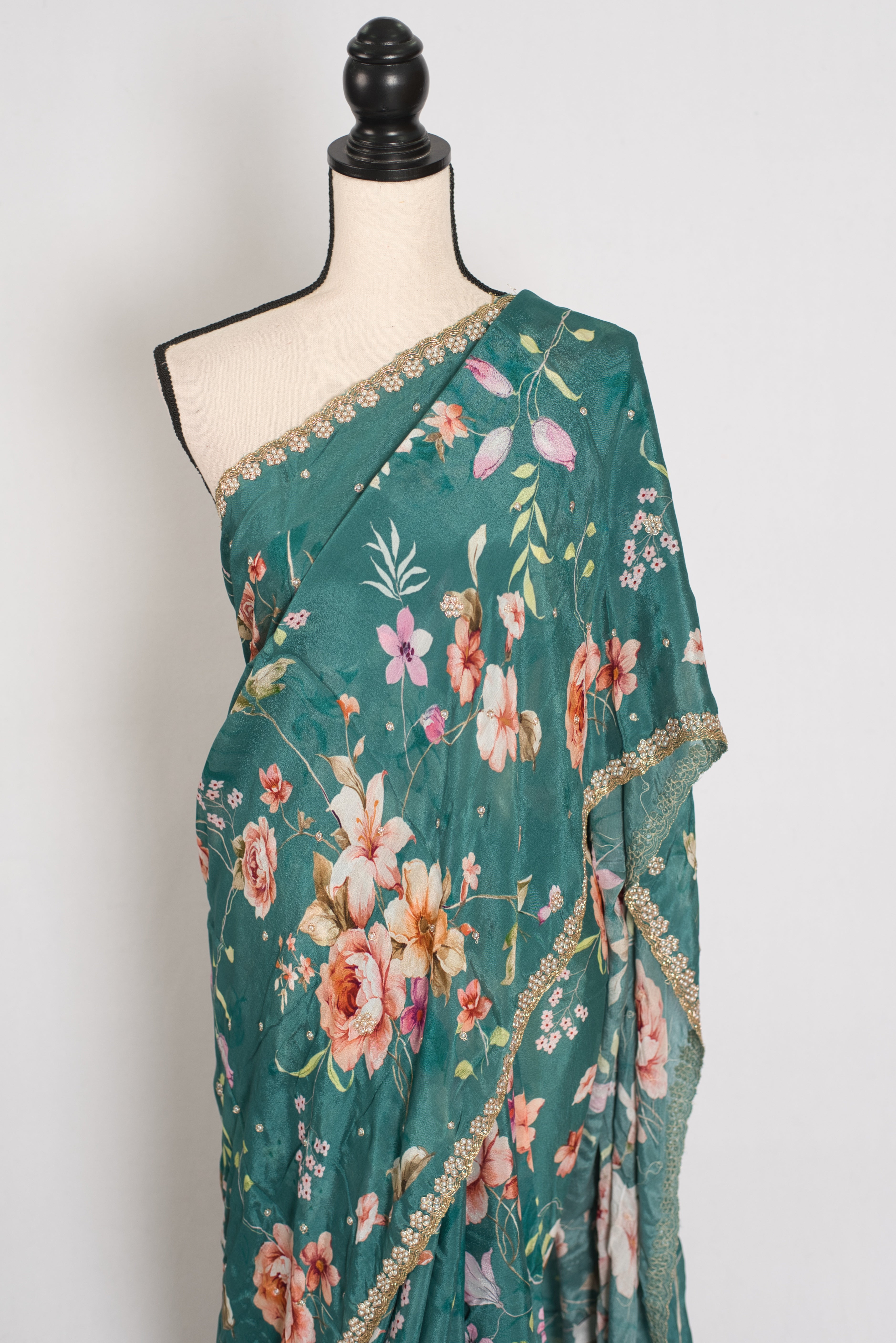Afrin: Teal Floral Chinon Crepe Saree with Hand-Embroidered Pearl Border