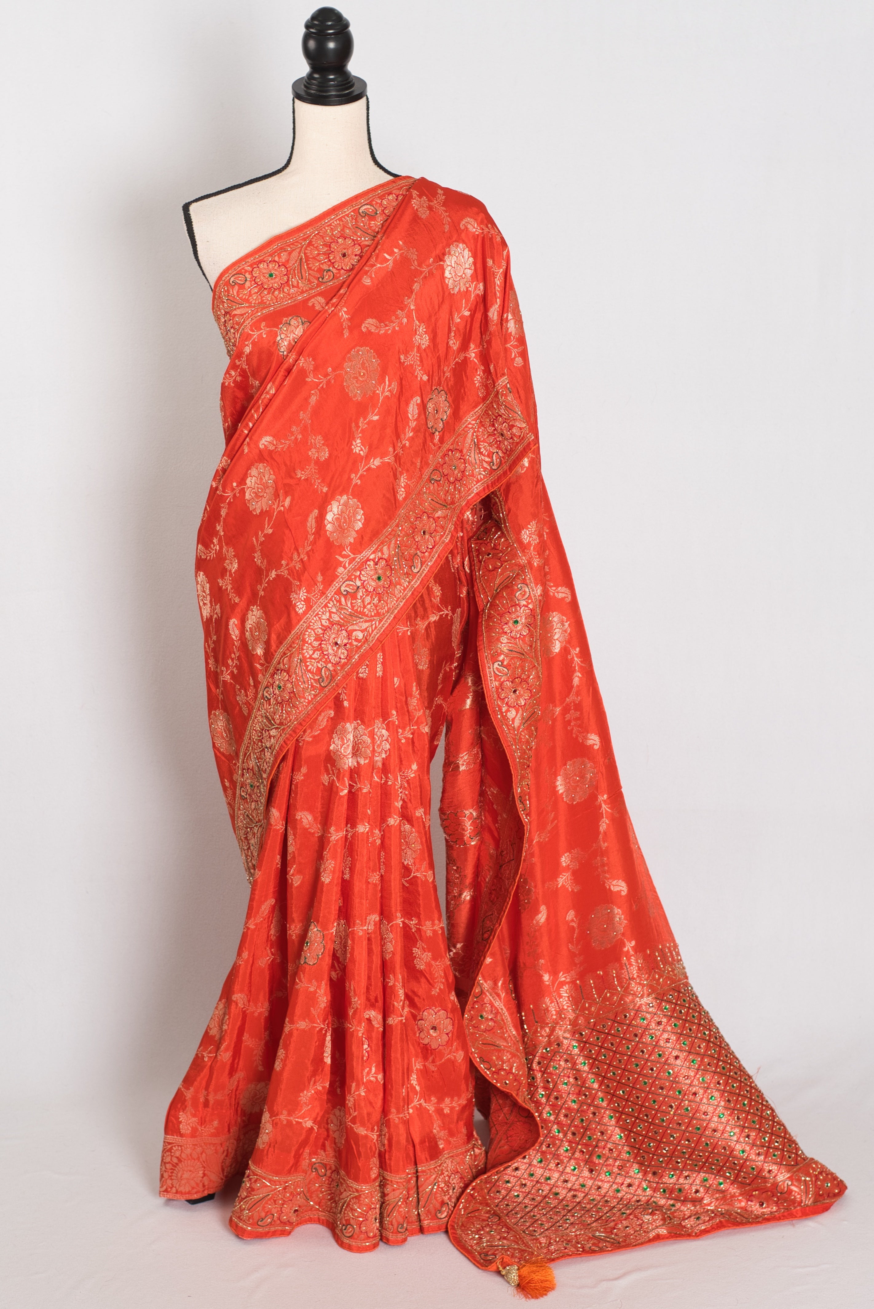 Mahi : Orange and Gold Dola Silk Banarasi Saree – with Hand Embroidery