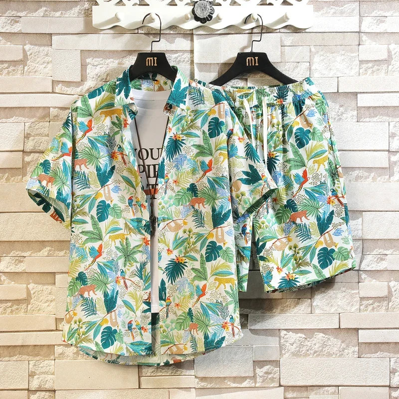 Men'ssummer Tropicalprinted Short Sleeved Shirt and Shorts Setcasual and Fashionablesuitable for Beach Vacationsand Dailyoutings