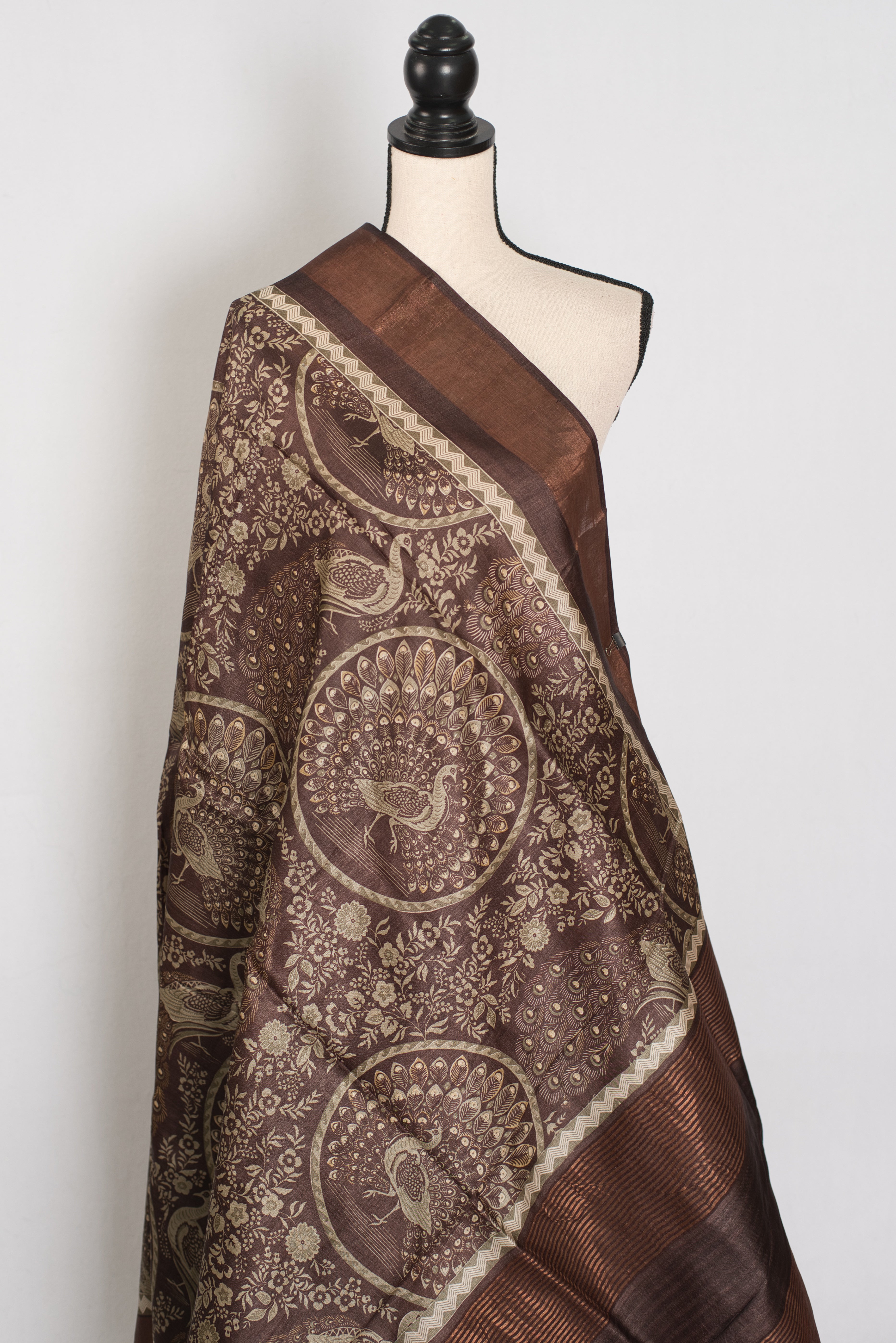 Kala | Earthy Brown Pure Tussar Silk Saree | Heritage Kalamkari Art Prints