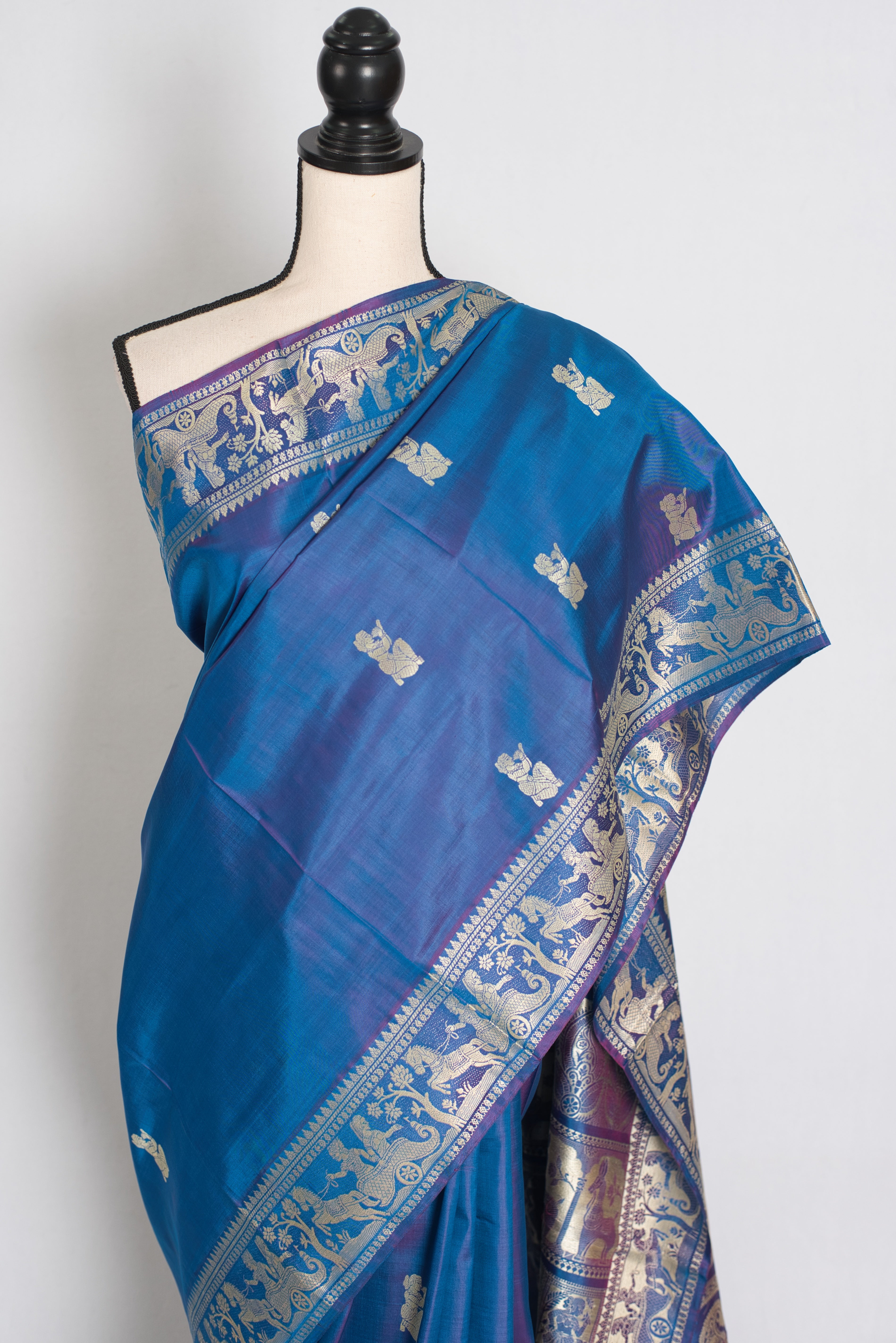 Arpita | Peacock Blue and Cream Handwoven Baluchari Silk Saree