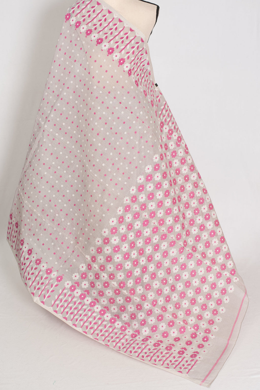 Geeta: Gray, Pink and White Pure Cotton Jamdani Saree with Blouse