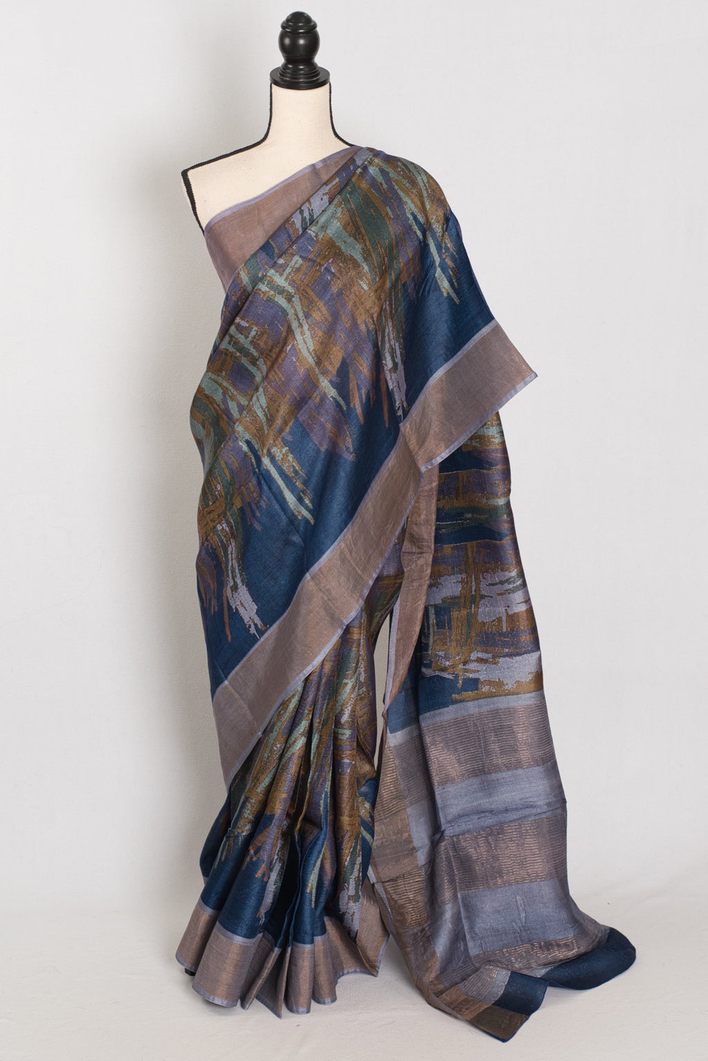 Mukta | Blue & Grey Pure Tussar Silk Saree | Contemporary Graphic Prints