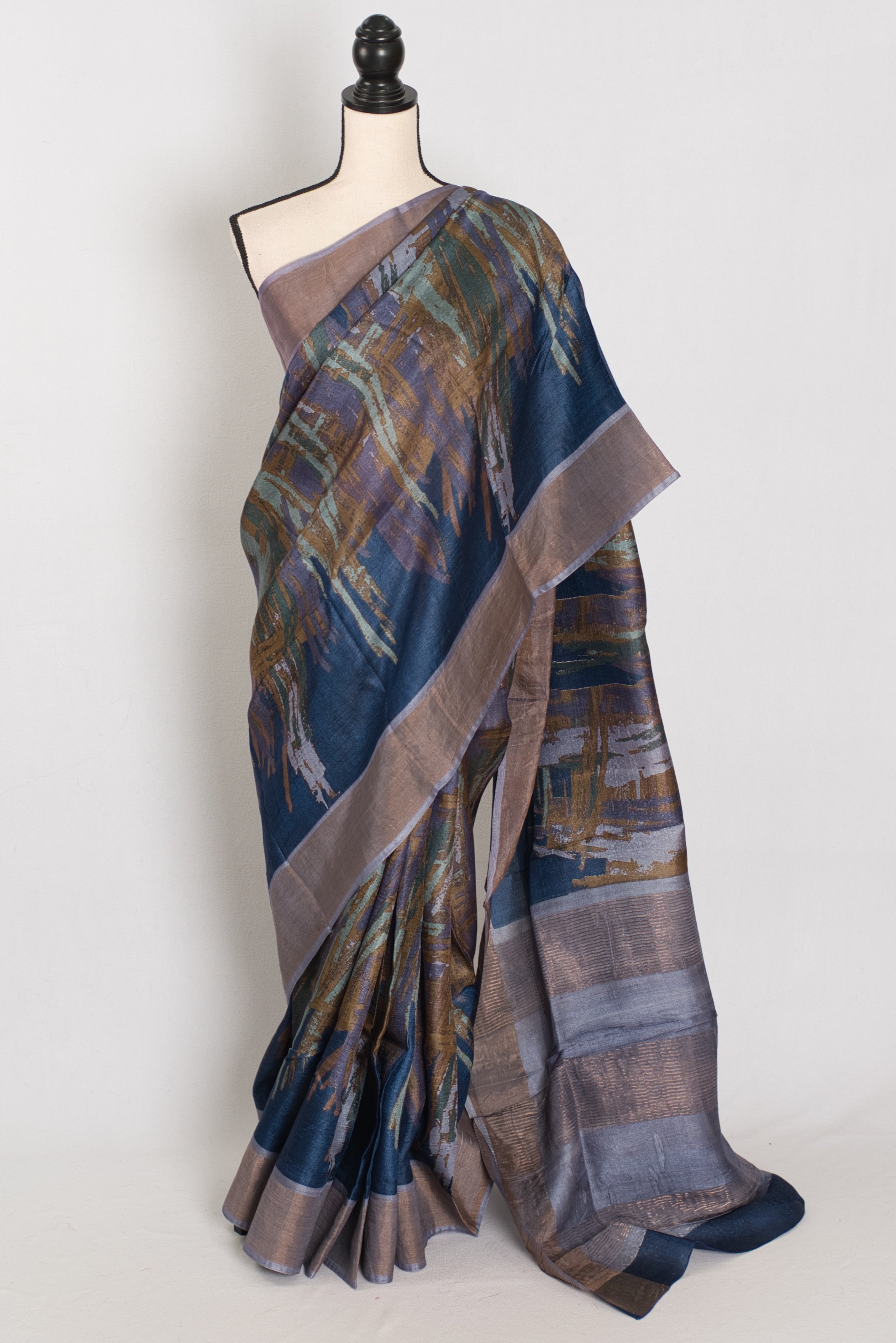 Mukta | Blue & Grey Pure Tussar Silk Saree | Contemporary Graphic Prints