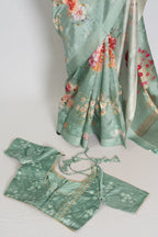 Soma : Sea Green Floral Banarasi Katan Silk Saree with 40 Size Stitched Blouse