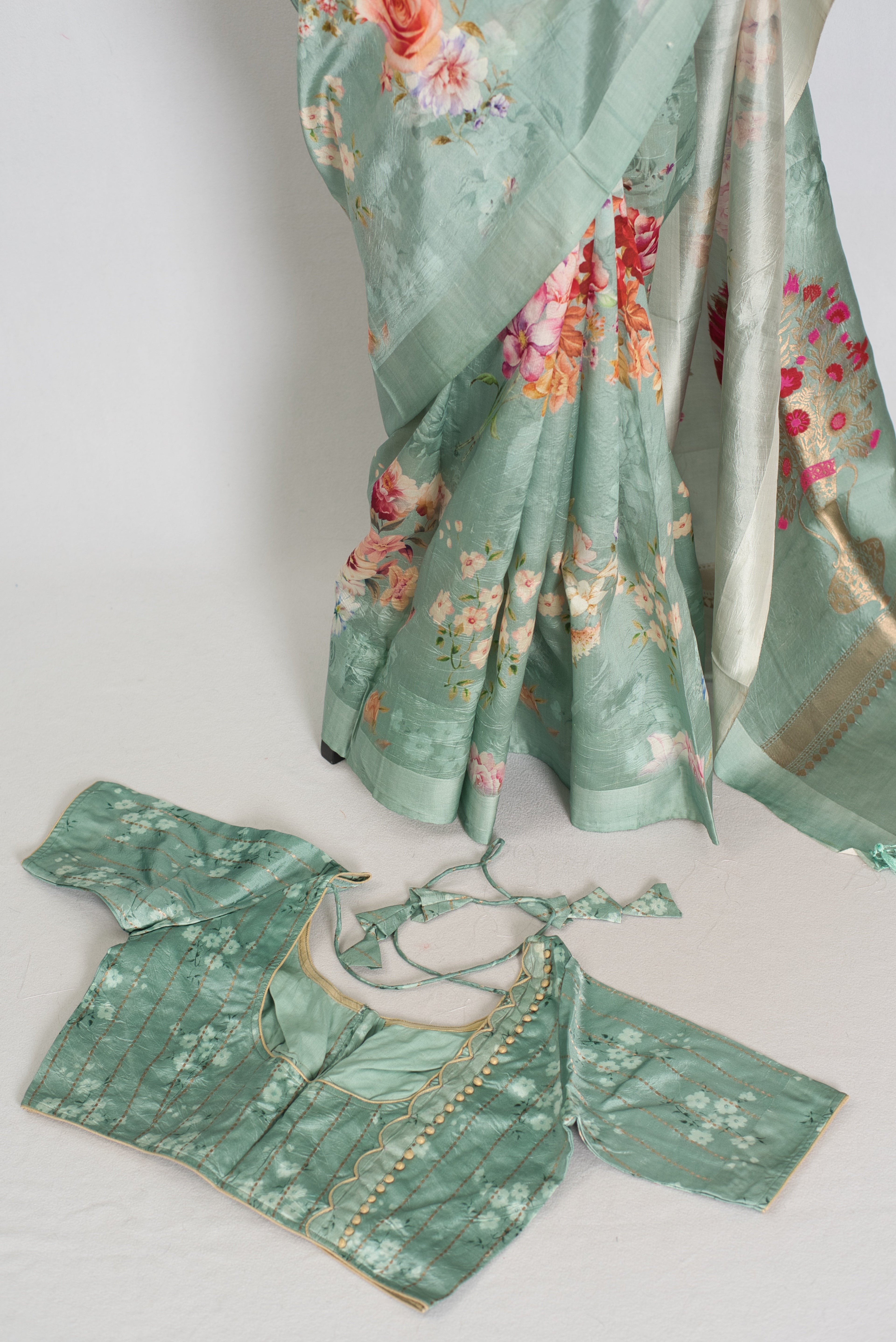 Soma : Sea Green Floral Banarasi Katan Silk Saree with 40 Size Stitched Blouse