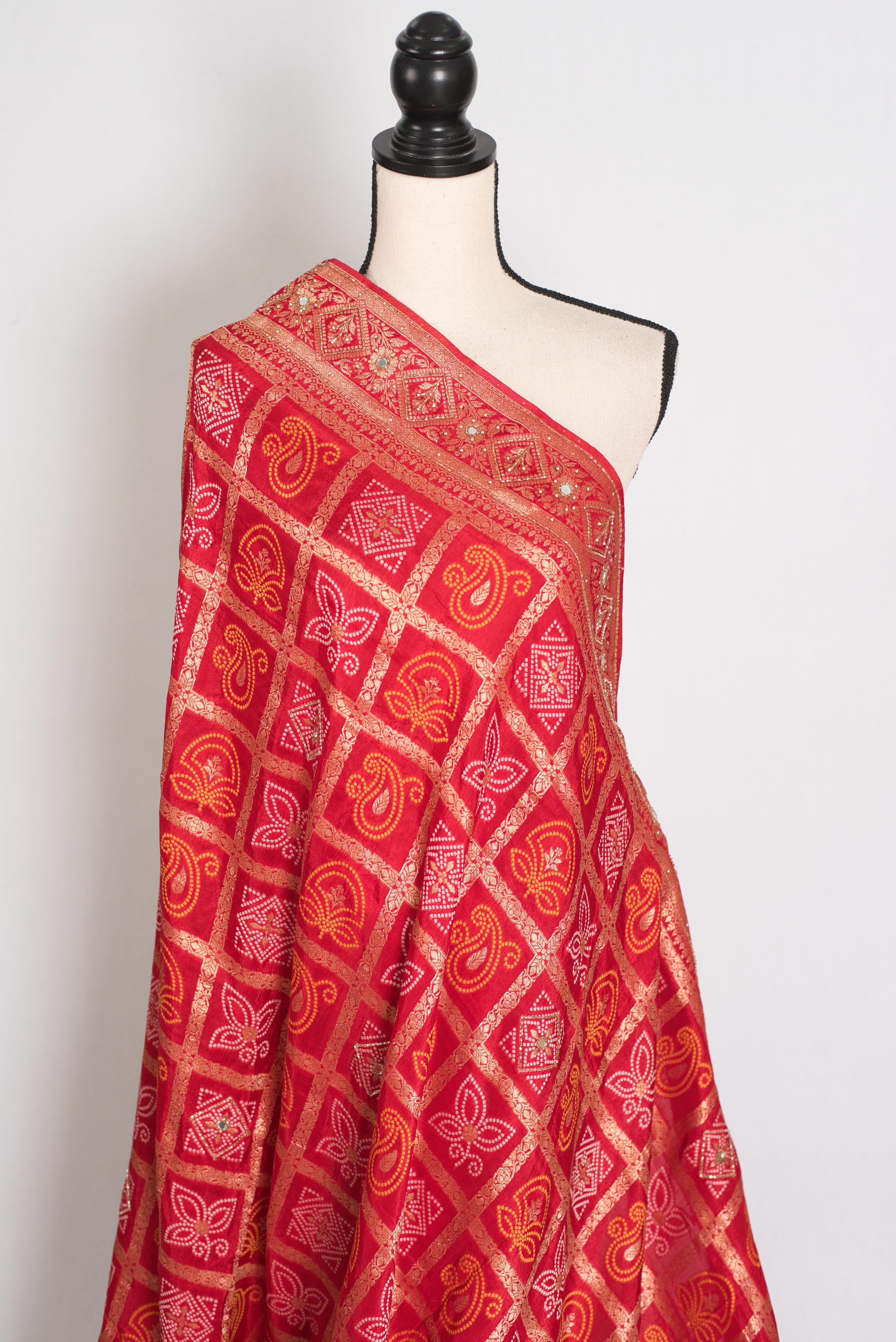 Radha | Red Dola Silk Gharchola Banarasi Saree | Hand-Embroidered Border & Pallu