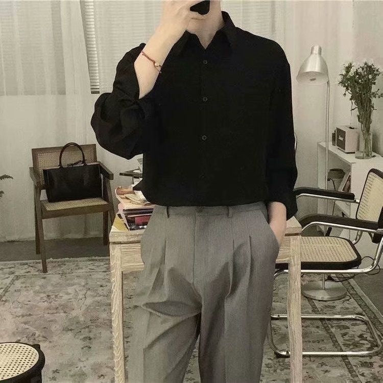 White Shirt Men's Desire-free Lace-up Long Sleeve Casual Large Size