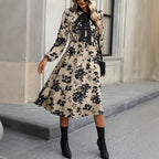 Womens Mid-Length A-Line Dress With Long Sleeves Neck Tie And Lacing