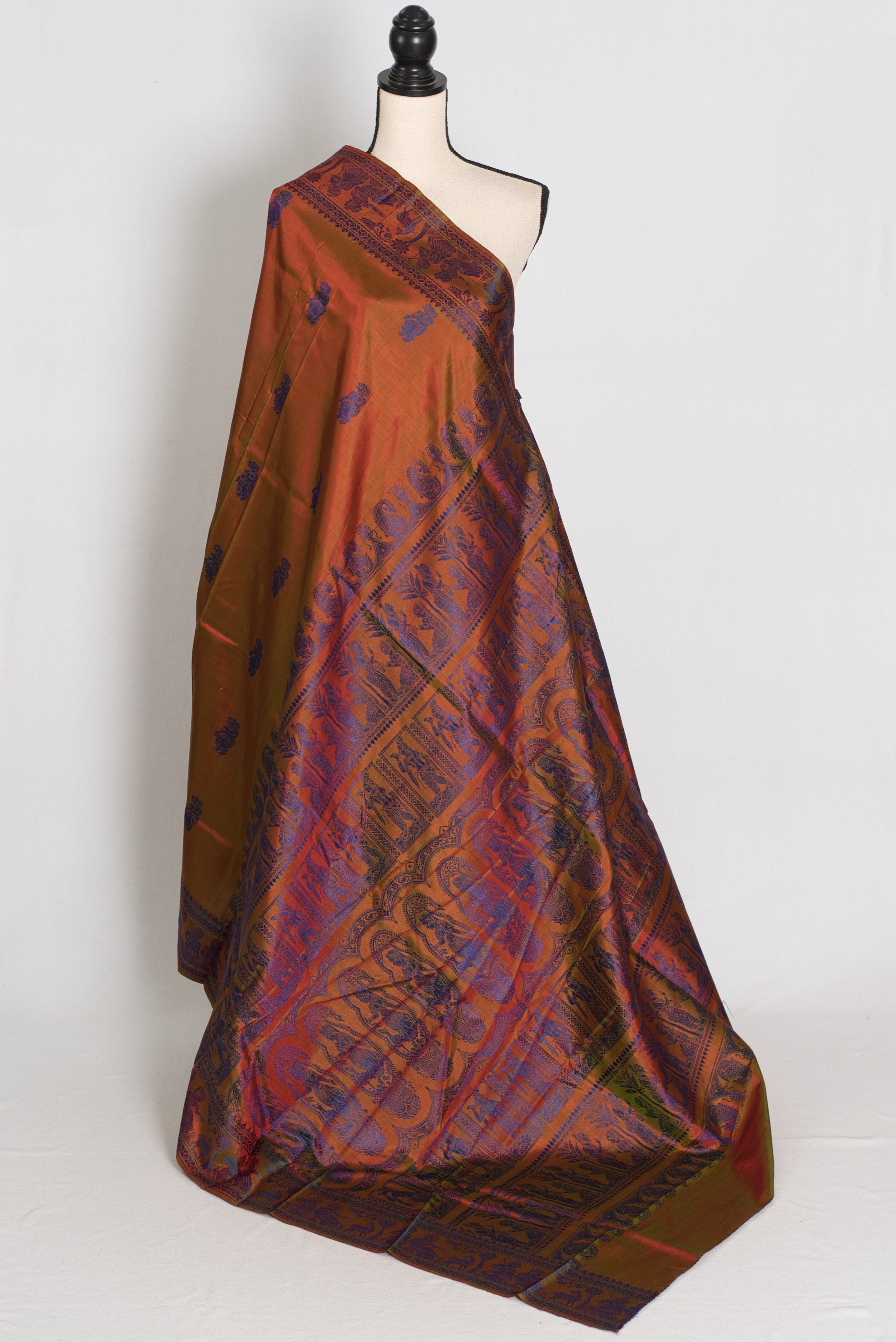 Nita | Brown and Blue Handwoven Baluchari Silk Saree with Blue Minakari Detail