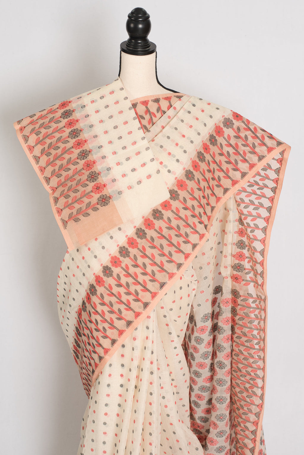 Jaya: Cream & Peach 100% Pure Cotton Jamdani Saree