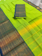 Nalini : Handwoven Kanchi Cotton Saree in Bright Green and Blue