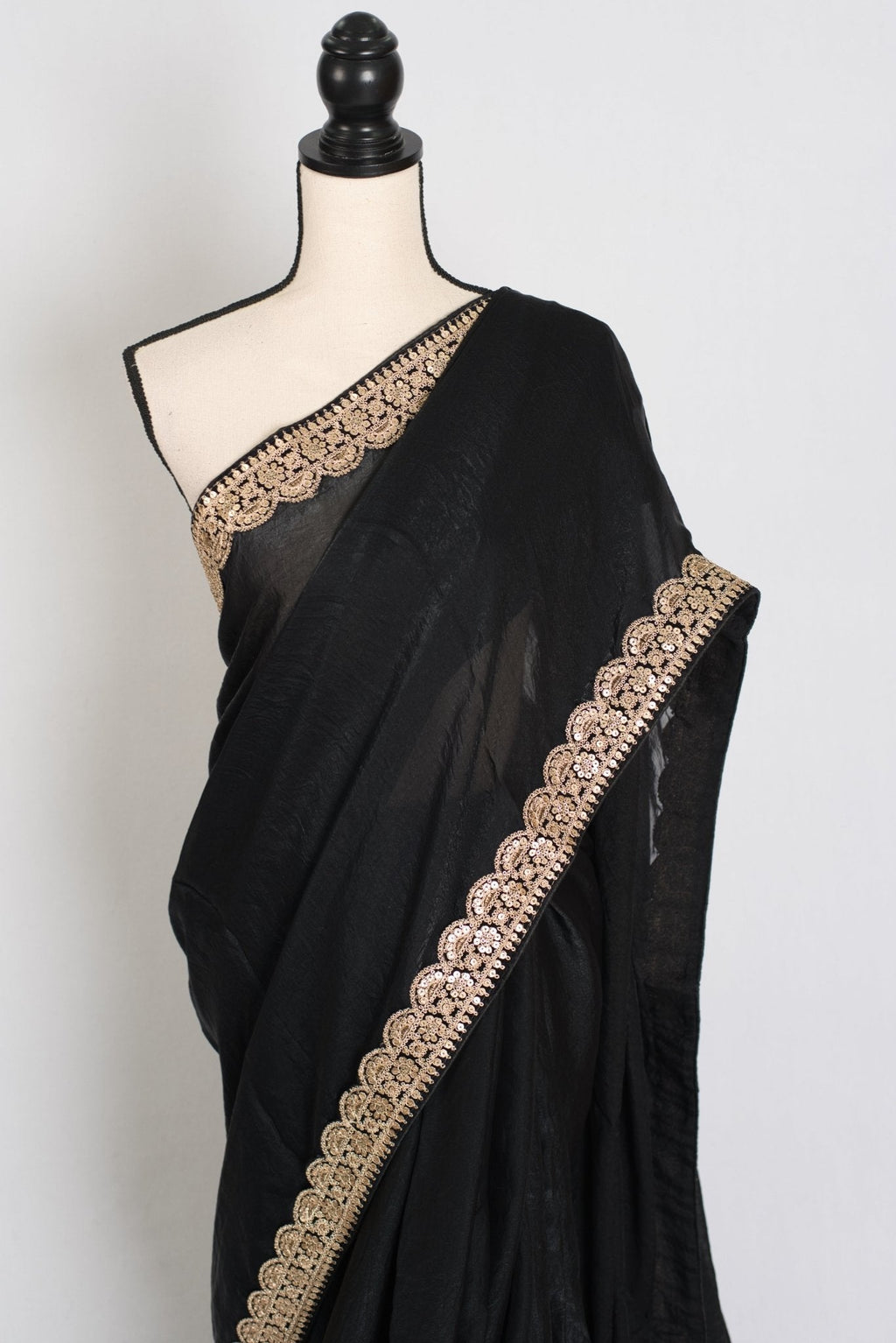 Farah : Designer Glass Tissue Black Partywear Saree with Patched Gold Border