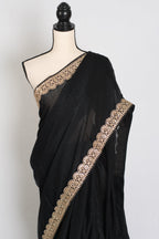 Farah : Designer Glass Tissue Black Partywear Saree with Patched Gold Border