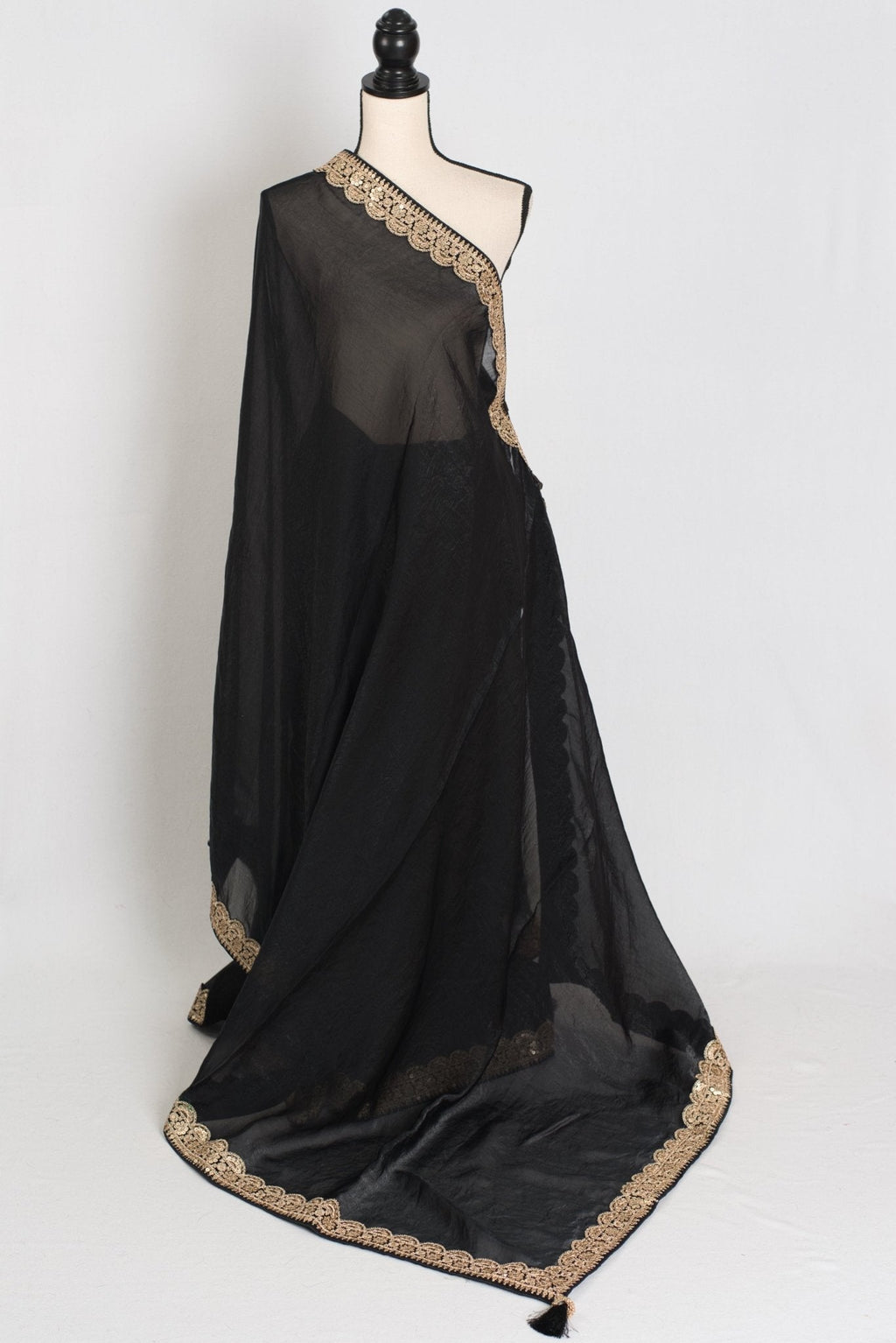 Farah : Designer Glass Tissue Black Partywear Saree with Patched Gold Border